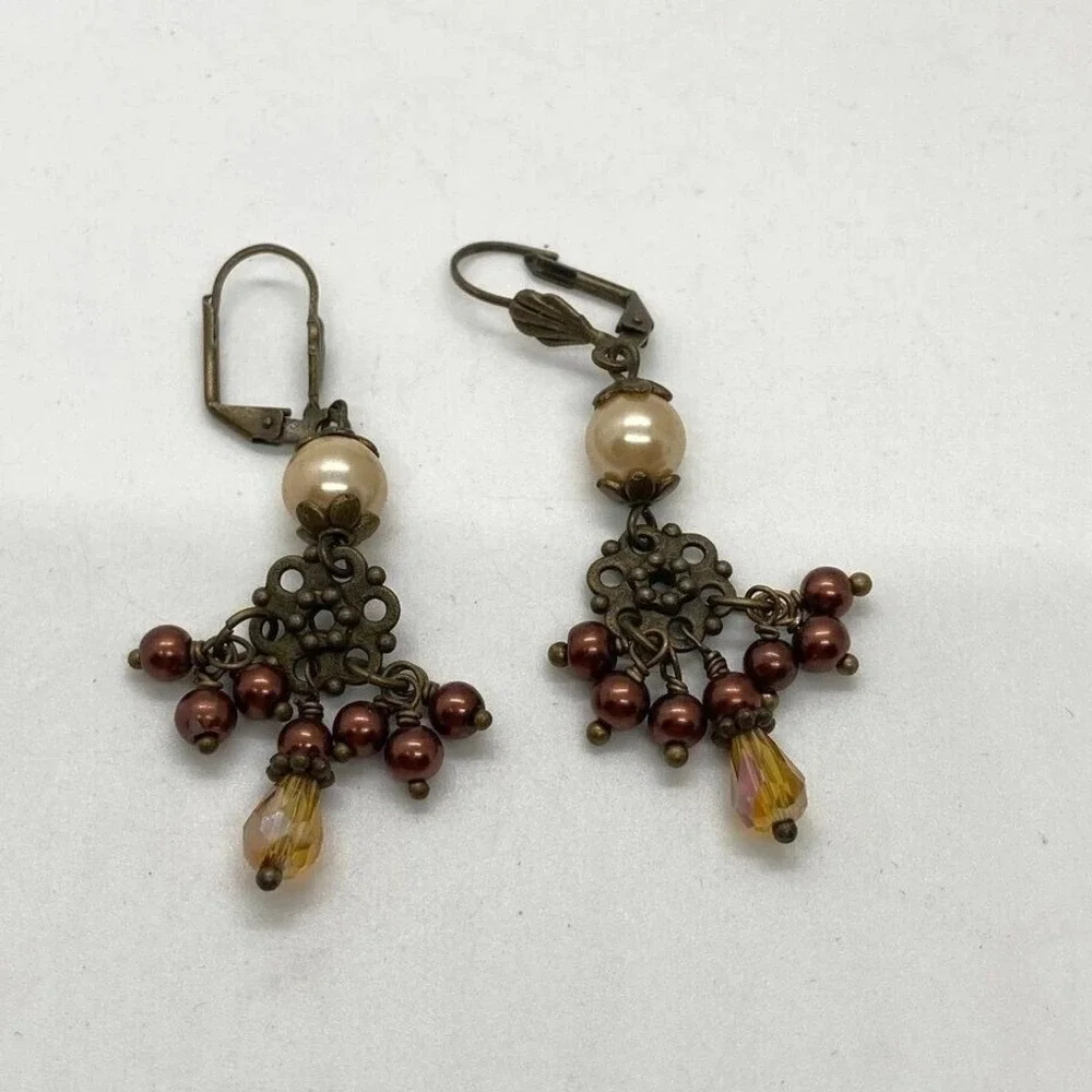 Vintage Style Dangle Earrings Pearl Bronze Brown Amber Leverback Fashion Jewelry